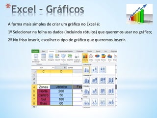 A	
  forma	
  mais	
  simples	
  de	
  criar	
  um	
  gráﬁco	
  no	
  Excel	
  é:	
  
1º	
  Selecionar	
  na	
  folha	
  os	
  dados	
  (incluindo	
  rótulos)	
  que	
  queremos	
  usar	
  no	
  gráﬁco;	
  
2º	
  No	
  friso	
  Inserir,	
  escolher	
  o	
  9po	
  de	
  gráﬁco	
  que	
  queremos	
  inserir.	
  
* 
 