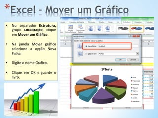 * 
•  No	
   separador	
   Estrutura,	
  
grupo	
   Localização,	
   clique	
  
em	
  Mover	
  um	
  Gráﬁco.	
  	
  
•  Na	
   janela	
   Mover	
   gráﬁco	
  
selecione	
   a	
   opção	
   Nova	
  
Folha	
  	
  
•  Digite	
  o	
  nome	
  Gráﬁco.	
  
•  Clique	
   em	
   OK	
   e	
   guarde	
   o	
  
livro.	
  
 