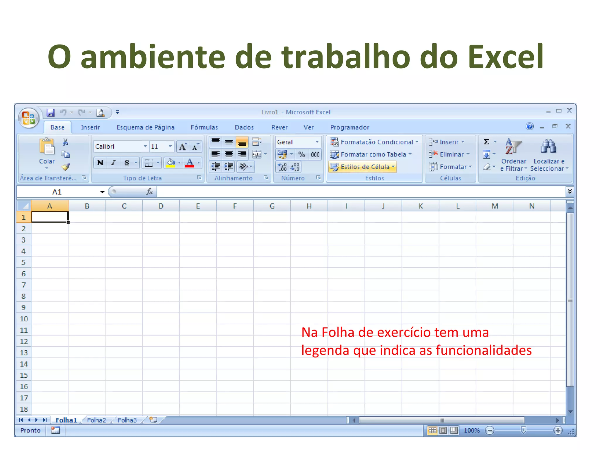 O ambiente de trabalho do Excel  Na Folha de exercício tem uma legenda que indica as funcionalidades 