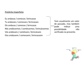 Pretérito Imperfeito Eu andasse / comesse / brincasse Tu andasses / comesses / brincasses Ele andasse / comesse / brincasse Nós andássemos / comêssemos / brincássemos Vós andásseis / comêsseis / brincásseis Eles andassem / comessem / brincassem Tem usualmente um valor de passado, mas também pode indicar uma possibilidade não verificada no presente. 