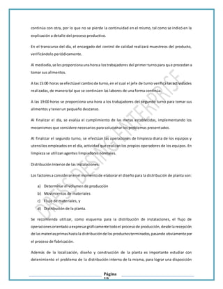 Página
19
continúa con otra, por lo que no se pierde la continuidad en el mismo, tal como se indicó en la
explicación a detalle del proceso productivo.
En el transcurso del día, el encargado del control de calidad realizará muestreos del producto,
verificándolo periódicamente.
Al mediodía,se lesproporcionaunahoraa lostrabajadores del primer turno para que procedan a
tomar sus alimentos.
A las15:00 horas se efectúael cambiode turno,en el cual el jefe de turno verifica las actividades
realizadas, de manera tal que se continúen las labores de una forma continúa.
A las 19:00 horas se proporciona una hora a los trabajadores del segundo turno para tomar sus
alimentos y tener un pequeño descanso.
Al finalizar el día, se evalúa el cumplimiento de las metas establecidas, implementando los
mecanismos que considere necesarios para solucionar los problemas presentados.
Al finalizar el segundo turno, se efectúan las operaciones de limpieza diaria de los equipos y
utensilios empleados en el día, actividad que realizan los propios operadores de los equipos. En
limpieza se utilizan agentes limpiadores normales.
Distribución Interior de las Instalaciones:
Los factoresa considerarenel momentode elaborar el diseño para la distribución de planta son:
a) Determinar el volumen de producción
b) Movimientos de materiales
c) Flujo de materiales, y
d) Distribución de la planta.
Se recomienda utilizar, como esquema para la distribución de instalaciones, el flujo de
operacionesorientadoaexpresargráficamente todoel procesode producción,desde larecepción
de las materiasprimashastala distribuciónde losproductosterminados,pasando obviamentepor
el proceso de fabricación.
Además de la localización, diseño y construcción de la planta es importante estudiar con
detenimiento el problema de la distribución interna de la misma, para lograr una disposición
 