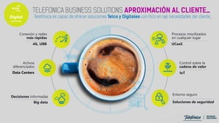 Digital
Conexión y redes
más rápidas
4G, UBB
Activos
diferenciados
Data Centers
Decisiones informadas
Big data
Procesos movilizados
en cualquier lugar
UCaaS
Control sobre la
cadena de valor
IoT
Entorno seguro
Soluciones de seguridad
 