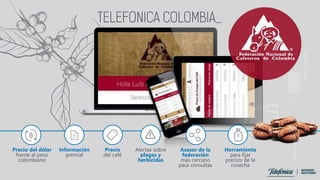 Precio
del café
Precio del dólar
frente al peso
colombiano
Información
gremial
Asesor de la
federación
más cercano
para consultas
Alertas sobre
plagas y
herbicidas
Herramienta
para fijar
precios de la
cosecha
 