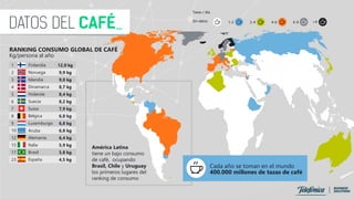 RANKING CONSUMO GLOBAL DE CAFÉ
Kg/persona al año
1 Finlandia 12,0 kg
2 Noruega 9,9 kg
3 Islandia 9,0 kg
4 Dinamarca 8,7 kg
5 Holanda 8,4 kg
6 Suecia 8,2 kg
7 Suiza 7,9 kg
8 Bélgica 6,8 kg
9 Luxemburgo 6,8 kg
10 Aruba 6,8 kg
12 Alemania 6,4 kg
15 Italia 5,9 kg
17 Brasil 5,8 kg
23 España 4,5 kg
Tazas / día
Sin datos 1-2 2-4 4-6 6-9 >9
América Latina
tiene un bajo consumo
de café, ocupando
Brasil, Chile y Uruguay
los primeros lugares del
ranking de consumo
Cada año se toman en el mundo
400.000 millones de tazas de café
 