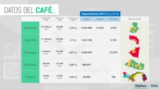 Exportaciones 2014 Sacos 60 KG
Producción
Total
Consumo
Total
Consumo per
cápita
Arábica Robusta Procesado Zona de Cultivo
Guatemala
3,5 millones
sacos
340.000
sacos 1,32 kg 3.010.988 31.653 2.816
Costa Rica
1,5 millones
sacos
226.000
sacos 2,7 kg 1.201.728 5.753
Nicaragua
2 millones
sacos
204.000
sacos 2,01 kg 1.848.693 51.676
El Salvador
680.000
sacos
275.000
sacos 2,60 kg 460.847
Panamá
95.000
sacos
67.000
sacos 1,04 kg 46.996 786
 