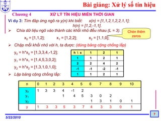 Bài giảng: Xử lý số tín hiệu
   Chương 4                     XỬ LÝ TÍN HIỆU MIỀN THỜI GIAN
 Ví dụ 3: Tìm đáp ứng ngõ ra y(n) khi biết:   x(n) = [1,1,2,1,2,2,1,1];
                                    h(n) = [1,2,-1,1].
     Chia dữ liệu ngõ vào thành các khối nhỏ đều nhau (L = 3).       Chèn thêm
                                                                                                 zeros
            x0 = [1,1,2];            x1 = [1,2,2];                 x2 = [1,1,0];
     Chập mỗi khối nhỏ với h, ta được: (dùng bảng cộng chồng lấp)
     y0 = h*x0 = [1,3,3,4,-1,2];                  h  x            1          2        1
                                                      1            1          2        1
     y1 = h*x1 = [1,4,5,3,0,2];
                                                      2            2          4        2
     y2 = h*x2 = [1,3,1,0,1,0];                       -1           -1         -2       -1
     Lập bảng cộng chồng lấp:                         1            1          2        1


             n      0       1    2       3    4            5       6     7         8        9   10
            y0      1       3    3       4    -1           2
            y1                           1     4           5        3    0         2
            y2                                                      1    3         1        0   1
             y      1       3        3   5        3            7   4      3        3        0   1
                                                                                                         7
5/22/2010
 