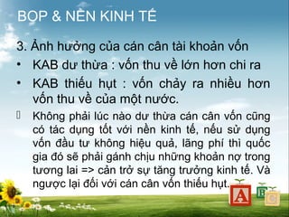BOP & NỀN KINH TẾ
3. Ảnh hưởng của cán cân tài khoản vốn
• KAB dư thừa : vốn thu về lớn hơn chi ra
• KAB thiếu hụt : vốn chảy ra nhiều hơn
vốn thu về của một nước.


Không phải lúc nào dư thừa cán cân vốn cũng
có tác dụng tốt với nền kinh tế, nếu sử dụng
vốn đầu tư không hiệu quả, lãng phí thì quốc
gia đó sẽ phải gánh chịu những khoản nợ trong
tương lai => cản trở sự tăng trưởng kinh tế. Và
ngược lại đối với cán cân vốn thiếu hụt.

 
