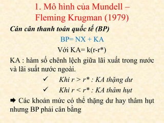 1. Mô hình của Mundell –
Fleming Krugman (1979)
Cán cân thanh toán quốc tế (BP)
BP= NX + KA
Với KA= k(r-r*)
KA : hàm số chênh lệch giữa lãi xuất trong nước
và lãi suất nước ngoài.
 Khi r > r* : KA thặng dư
 Khi r < r* : KA thâm hụt
 Các khoản mức có thể thặng dư hay thâm hụt
nhưng BP phải cân bằng
 