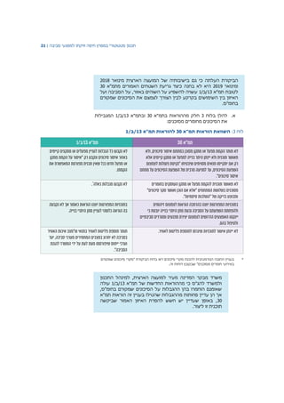 ‫תכנון‬‫סטטוטורי‬‫במפרץ‬‫חיפה‬‫וזיקתו‬‫למפגעי‬‫סביבה‬|21
‫גם‬ ‫כי‬ ‫העלתה‬ ‫הביקורת‬‫מינואר‬ ‫הארצית‬ ‫המועצה‬ ‫של‬ ‫בישיבותיה‬2018
‫ומינואר‬2019‫מתמ"א‬ ‫האמורים‬ ‫השטחים‬ ‫גריעת‬ ‫כיצד‬ ‫בחנה‬ ‫לא‬ ‫היא‬30
‫תמ"א‬ ‫לטובת‬13/‫/ב‬1‫ועל‬ ‫הסביבה‬ ‫על‬ ,‫באזור‬ ‫השוהים‬ ‫על‬ ‫להשפיע‬ ‫עשויה‬
‫שמקורם‬ ‫הסיכונים‬ ‫את‬ ‫לצמצם‬ ‫הצורך‬ ‫לבין‬ ‫בקרקע‬ ‫השימושים‬ ‫בין‬ ‫האיזון‬
.‫בחומ"ס‬
‫א‬.‫בלוח‬ ‫להלן‬3‫מההוראות‬ ‫חלק‬‫בתמ"א‬30‫ובתמ"א‬13/‫/ב‬1‫המגבילות‬
:‫מסוכנים‬ ‫מחומרים‬ ‫הסיכונים‬ ‫את‬
‫לוח‬3:‫תמ"א‬ ‫הוראות‬ ‫השוואת‬30‫תמ"א‬ ‫להוראות‬13/‫/ב‬1
*‫שמקורם‬ ‫סיכונים‬ ‫"סקרי‬ ‫הביקורת‬ ‫בדוח‬ ‫ראו‬ ‫סיכונים‬ ‫סקרי‬ ‫להכנת‬ ‫הנורמטיבית‬ ‫החובה‬ ‫בעניין‬
‫באירועי‬‫מסוכנים‬ ‫חומרים‬‫שב‬ "‫קובץ‬.‫זה‬ ‫דוחות‬
‫המדינה‬ ‫מבקר‬ ‫משרד‬‫התכנון‬ ‫למינהל‬ ,‫הארצית‬ ‫למועצה‬ ‫מעיר‬
‫תמ"א‬ ‫של‬ ‫החדשות‬ ‫מההוראות‬ ‫כי‬ ‫להג"ס‬ ‫ולמשרד‬13/‫/ב‬1‫עולה‬
,‫בחומ"ס‬ ‫שמקורם‬ ‫הסיכונים‬ ‫על‬ ‫ההגבלות‬ ‫בהן‬ ‫הוחמרו‬ ‫שאומנם‬
‫תמ"א‬ ‫הוראות‬ ‫זה‬ ‫בעניין‬ ‫שהטילו‬ ‫מההגבלות‬ ‫פחותות‬ ‫עדיין‬ ‫הן‬ ‫אך‬
30‫שביקשה‬ ‫האמור‬ ‫האיזון‬ ‫להפרת‬ ‫חשש‬ ‫יש‬ ‫שעדיין‬ ‫באופן‬ ,
‫זו‬ ‫תוכנית‬.‫ליצור‬
 