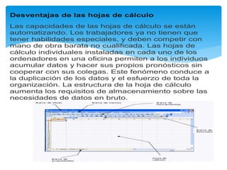 Desventajas de las hojas de cálculo 
Las capacidades de las hojas de cálculo se están 
automatizando. Los trabajadores ya no tienen que 
tener habilidades especiales, y deben competir con 
mano de obra barata no cualificada. Las hojas de 
cálculo individuales instaladas en cada uno de los 
ordenadores en una oficina permiten a los individuos 
acumular datos y hacer sus propios pronósticos sin 
cooperar con sus colegas. Este fenómeno conduce a 
la duplicación de los datos y el esfuerzo de toda la 
organización. La estructura de la hoja de cálculo 
aumenta los requisitos de almacenamiento sobre las 
necesidades de datos en bruto. 
 