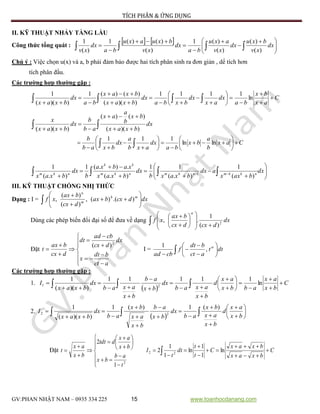 TÍCH PHÂN & ỨNG DỤNG
GV:PHAN NHẬT NAM – 0935 334 225 15 www.toanhocdanang.com
II. KỸ THUẬT NHẢY TẦNG LẦU
Công thức tổng quát :
   





 






   dx
xv
bxu
dx
xv
axu
ba
dx
xv
bxuaxu
ba
dx
xv )(
)(
)(
)(1
)(
)()(1
)(
1
Chú ý : Việc chọn u(x) và a, b phải đảm bảo được hai tích phân sinh ra đơn giản , dể tích hơn
tích phân đầu.
Các trường hợp thường gặp :
C
ax
bx
ba
dx
ax
dx
bxba
dx
bxax
bxax
ba
dx
bxax


















   ln
1111
))((
)()(1
))((
1
 




dx
bxax
bx
b
a
ax
ab
b
dx
bxax
x
))((
)()(
))((
Cax
b
a
bx
ba
dx
axb
a
dx
bxab
b

















   lnln
111













   
dx
baxx
adx
bxaxb
dx
bxax
xabxa
b
dx
bxax nkkmnkmnkm
kk
nkm
)(
1
).(
11
).(
.).(1
).(
1
1
III. KỸ THUẬT CHỐNG NHỊ THỨC
Dạng : I =  








dxdcxbax
dcx
bax
xf mh
m
n
).()(,
)(
)(
,
Dùng các phép biến đổi đại số để đưa về dạng  















dx
dcxdcx
bax
xf 2
)(
1
.,

Đặt
















act
bdt
x
dx
dcx
cbad
dt
dcx
bax
t
2
)(
I =  









dtt
act
bdt
f
cbad

,
1
Các trường hợp thường gặp :
1.
 
C
bx
ax
abbx
ax
d
bx
axab
dx
bx
ab
bx
axab
dx
bxax
I 




















  ln
11111
))((
1
21
2.
   





















bx
ax
d
bx
ax
bx
ab
dx
bx
ab
bx
ax
bx
ab
dx
bxax
I
)(1)(1
))((
1
22
Đặt






















2
1
2
t
ab
bx
bx
ax
dtdt
bx
ax
t C
bxax
bxax
C
t
t
dt
t
I 







  ln
1
1
ln
1
1
2 22
 