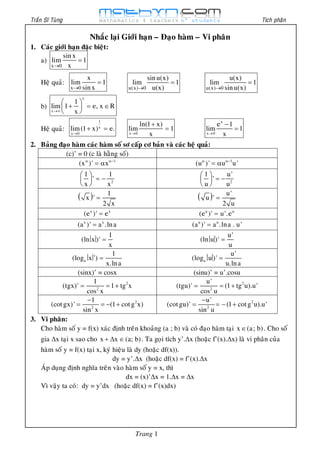 Traàn Só Tuøng Tích phaân
Trang 1
Nhaéc laïi Giôùi haïn – Ñaïo haøm – Vi phaân
1. Caùc giôùi haïn ñaëc bieät:
a)
®
=
x 0
sinx
lim 1
x
Heä quaû:
®
=
x 0
x
lim 1
sinx ®
=
u(x) 0
sinu(x)
lim 1
u(x) ®
=
u(x) 0
u(x)
lim 1
sinu(x)
b)
x
x
1
lim 1 e, x R
x®¥
æ ö
+ = Îç ÷
è ø
Heä quaû:
1
x
x 0
lim(1 x) e.
®
+ =
x 0
ln(1 x)
lim 1
x®
+
=
x
x 0
e 1
lim 1
x®
-
=
2. Baûng ñaïo haøm caùc haøm soá sô caáp cô baûn vaø caùc heä quaû:
(c)’ = 0 (c laø haèng soá)
1
(x )' xa a-
= a 1
(u )' u u'a a-
= a
2
1 1
'
x x
æ ö
= -ç ÷
è ø 2
1 u'
'
u u
æ ö
= -ç ÷
è ø
( ) 1
x '
2 x
= ( ) u'
u '
2 u
=
x x
(e )' e= u u
(e )' u'.e=
x x
(a )' a .lna= u u
(a )' a .lna . u'=
1
(ln x )'
x
=
u'
(ln u )'
u
=
a
1
(log x ')
x.lna
= a
u'
(log u )'
u.lna
=
(sinx)’ = cosx (sinu)’ = u’.cosu
2
2
1
(tgx)' 1 tg x
cos x
= = + 2
2
u'
(tgu)' (1 tg u).u'
cos u
= = +
2
2
1
(cotgx)' (1 cotg x)
sin x
-
= = - + 2
2
u'
(cotgu)' (1 cotg u).u'
sin u
-
= = - +
3. Vi phaân:
Cho haøm soá y = f(x) xaùc ñònh treân khoaûng (a ; b) vaø coù ñaïo haøm taïi x (a; b)Î . Cho soá
gia Dx taïi x sao cho x x (a; b)+ D Î . Ta goïi tích y’.Dx (hoaëc f’(x).Dx) laø vi phaân cuûa
haøm soá y = f(x) taïi x, kyù hieäu laø dy (hoaëc df(x)).
dy = y’.Dx (hoaëc df(x) = f’(x).Dx
AÙp duïng ñònh nghóa treân vaøo haøm soá y = x, thì
dx = (x)’Dx = 1.Dx = Dx
Vì vaäy ta coù: dy = y’dx (hoaëc df(x) = f’(x)dx)
 