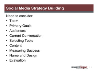 Social Media Strategy Building
Need to consider:
• Team
• Primary Goals
• Audiences
• Current Conversation
• Selecting Tools
• Content
• Measuring Success
• Name and Design
• Evaluation
34

 