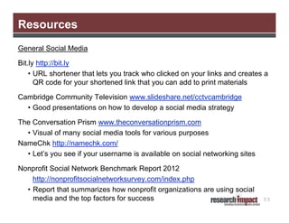 Resources
General Social Media
Bit.ly http://bit.ly
• URL shortener that lets you track who clicked on your links and creates a
QR code for your shortened link that you can add to print materials
Cambridge Community Television www.slideshare.net/cctvcambridge
• Good presentations on how to develop a social media strategy
The Conversation Prism www.theconversationprism.com
• Visual of many social media tools for various purposes
NameChk http://namechk.com/
• Let’s you see if your username is available on social networking sites
Nonprofit Social Network Benchmark Report 2012
http://nonprofitsocialnetworksurvey.com/index.php
• Report that summarizes how nonprofit organizations are using social
media and the top factors for success

55

 
