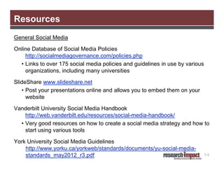 Resources
General Social Media
Online Database of Social Media Policies
http://socialmediagovernance.com/policies.php
• Links to over 175 social media policies and guidelines in use by various
organizations, including many universities
SlideShare www.slideshare.net
• Post your presentations online and allows you to embed them on your
website
Vanderbilt University Social Media Handbook
http://web.vanderbilt.edu/resources/social-media-handbook/
• Very good resources on how to create a social media strategy and how to
start using various tools
York University Social Media Guidelines
http://www.yorku.ca/yorkweb/standards/documents/yu-social-mediastandards_may2012_r3.pdf

56

 