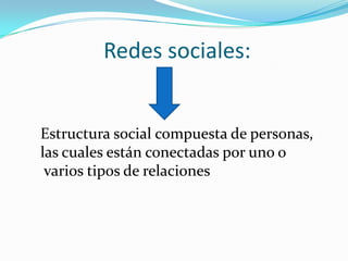 Redes sociales:


Estructura social compuesta de personas,
las cuales están conectadas por uno o
 varios tipos de relaciones
 