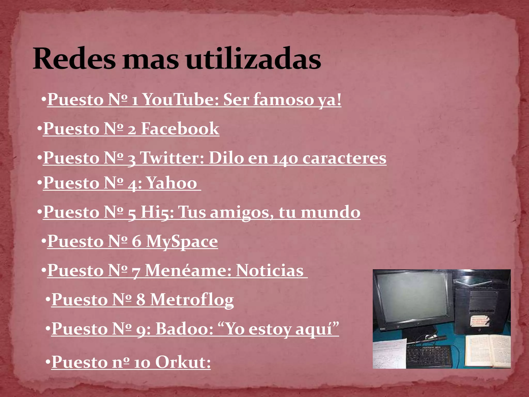 •Puesto Nº 1 YouTube: Ser famoso ya!
•Puesto Nº 2 Facebook
•Puesto Nº 3 Twitter: Dilo en 140 caracteres
•Puesto Nº 4: Yahoo
•Puesto Nº 5 Hi5: Tus amigos, tu mundo
•Puesto Nº 6 MySpace
•Puesto Nº 7 Menéame: Noticias
 •Puesto Nº 8 Metroflog
 •Puesto Nº 9: Badoo: “Yo estoy aquí”
 •Puesto nº 10 Orkut:
 