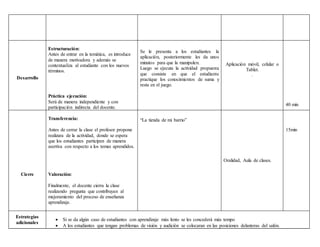 Desarrollo
Estructuración:
Antes de entrar en la temática, es introduce
de manera motivadora y además se
contextualiza al estudiante con los nuevos
términos.
Práctica ejecución:
Será de manera independiente y con
participación indirecta del docente.
Se le presenta a los estudiantes la
aplicación, posteriormente les da unos
minutos para que la manipulen.
Luego se ejecuta la actividad propuesta
que consiste en que el estudiante
practique los conocimientos de suma y
resta en el juego.
Aplicación móvil, celular o
Tablet.
.
40 min
Cierre
Transferencia:
Antes de cerrar la clase el profesor propone
realizara de la actividad, donde se espera
que los estudiantes participen de manera
asertiva con respecto a los temas aprendidos.
Valoración:
Finalmente, el docente cierra la clase
realizando pregunta que contribuyan al
mejoramiento del proceso de enseñanza
aprendizaje.
“La tienda de mi barrio”
Oralidad, Aula de clases.
15min
Estrategias
adicionales
 Si se da algún caso de estudiantes con aprendizaje más lento se les concederá más tempo
 A los estudiantes que tengan problemas de visión y audición se colocaran en las posiciones delanteras del salón.
 