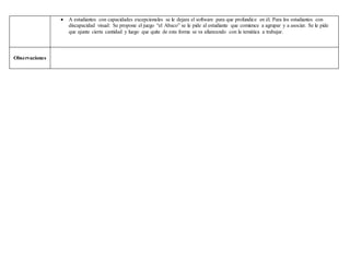  A estudiantes con capacidades excepcionales se le dejara el software para que profundice en él. Para los estudiantes con
discapacidad visual: Se propone el juego “el Abaco” se le pide al estudiante que comience a agrupar y a asociar. Se le pide
que ajunte cierta cantidad y luego que quite de esta forma se va afianzando con la temática a trabajar.
Observaciones
 