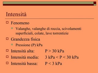 Intensità
 Fenomeno
 Valanghe, valanghe di roccia, scivolamenti
superficiali, colate, lave torrentizie
 Grandezza fisica
 Pressione (P) kPa
 Intensità alta: P > 30 kPa
 Intensità media: 3 kPa < P < 30 kPa
 Intensità bassa: P < 3 kPa
 