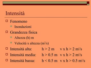 Intensità
 Fenomeno
 Inondazioni
 Grandezza fisica
 Altezza (h) m
 Velocità x altezza (m2
/s)
 Intensità alta: h > 2 m v x h > 2 m2
/s
 Intensità media: h > 0.5 m v x h > 2 m2
/s
 Intensità bassa: h < 0.5 m v x h > 0.5 m2
/s
 