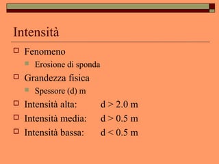 Intensità
 Fenomeno
 Erosione di sponda
 Grandezza fisica
 Spessore (d) m
 Intensità alta: d > 2.0 m
 Intensità media: d > 0.5 m
 Intensità bassa: d < 0.5 m
 