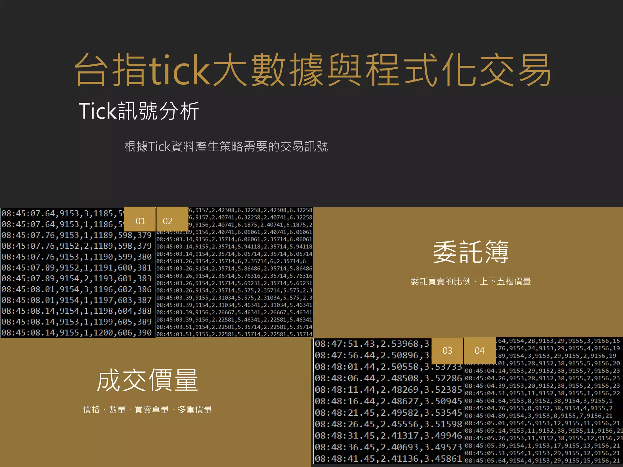 01 02
03 04
成交價量
委託買賣的比例、上下五檔價量
委託簿
根據Tick資料產生策略需要的交易訊號
台指tick大數據與程式化交易
價格、數量、買賣單量、多重價量
Tick訊號分析
 