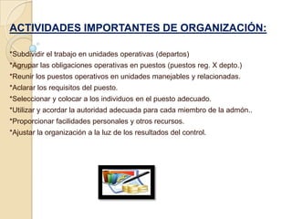 ACTIVIDADES IMPORTANTES DE ORGANIZACIÓN:

*Subdividir el trabajo en unidades operativas (departos)
*Agrupar las obligaciones operativas en puestos (puestos reg. X depto.)
*Reunir los puestos operativos en unidades manejables y relacionadas.
*Aclarar los requisitos del puesto.
*Seleccionar y colocar a los individuos en el puesto adecuado.
*Utilizar y acordar la autoridad adecuada para cada miembro de la admón..
*Proporcionar facilidades personales y otros recursos.
*Ajustar la organización a la luz de los resultados del control.
 