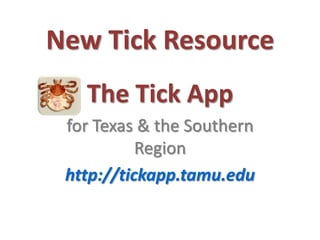 New Tick Resource,[object Object],The Tick App ,[object Object],for Texas & the Southern Region,[object Object],http://tickapp.tamu.edu,[object Object]