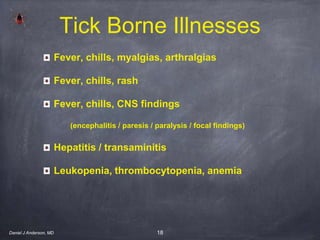 18
Tick Borne Illnesses
Fever, chills, myalgias, arthralgias
Fever, chills, rash
Fever, chills, CNS findings
(encephalitis / paresis / paralysis / focal findings)
Hepatitis / transaminitis
Leukopenia, thrombocytopenia, anemia
Daniel J Anderson, MD
 