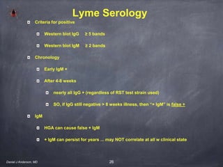26
Lyme Serology
Criteria for positive
Western blot IgG ≥ 5 bands
Western blot IgM ≥ 2 bands
Chronology
Early IgM +
After 4-8 weeks
nearly all IgG + (regardless of RST test strain used)
SO, if IgG still negative > 8 weeks illness, then “+ IgM” is false +
IgM
HGA can cause false + IgM
+ IgM can persist for years ... may NOT correlate at all w clinical state
Daniel J Anderson, MD
 