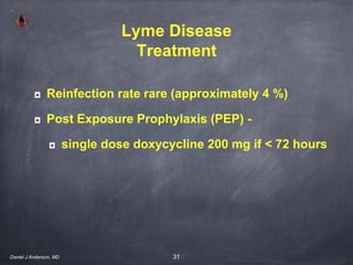 31
Lyme Disease
Treatment
Reinfection rate rare (approximately 4 %)
Post Exposure Prophylaxis (PEP) -
single dose doxycycline 200 mg if < 72 hours
Daniel J Anderson, MD
 