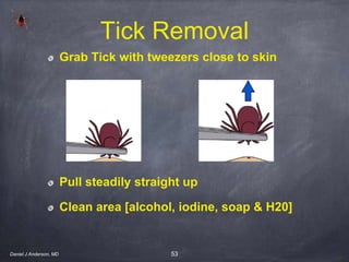 53
Tick Removal
Grab Tick with tweezers close to skin
Pull steadily straight up
Clean area [alcohol, iodine, soap & H20]
Daniel J Anderson, MD
 