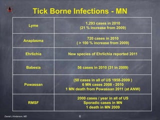 6
Tick Borne Infections - MN
Daniel J Anderson, MD
Lyme
1,293 cases in 2010
(21 % increase from 2009)
Anaplasma
720 cases in 2010
( > 100 % increase from 2009)
Ehrlichia New species of Ehrlichia reported 2011
Babesia 56 cases in 2010 (31 in 2009)
Powassan
(50 cases in all of US 1958-2009 )
6 MN cases 2008 - 2010
1 MN death from Powassan 2011 (at ANW)
RMSF
2000 cases / year in all of US
Sporadic cases in MN
1 death in MN 2009
 