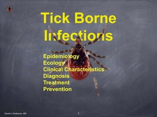 1
Tick Borne
Infections
Daniel J Anderson, MD
Epidemiology
Ecology
Clinical Characteristics
Diagnosis
Treatment
Prevention
 