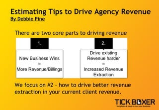 Estimating Tips to Drive Agency Revenue By Debbie Pine There are two core parts to driving revenue We focus on #2 – how to drive better revenue extraction in your current client revenue. 