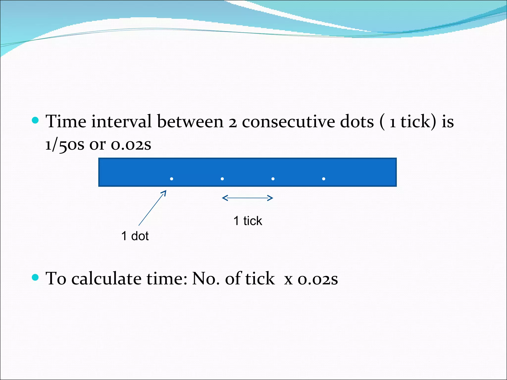 Time interval between 2 consecutive dots ( 1 tick) is 1/50s or 0.02s To calculate time: No. of tick  x 0.02s  . . . . 1 dot 1 tick 