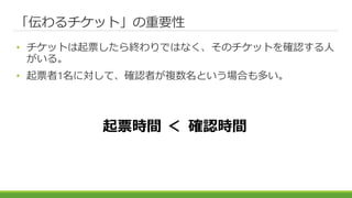 「伝わるチケット」の重要性
• チケットは起票したら終わりではなく、そのチケットを確認する人
がいる。
• 起票者1名に対して、確認者が複数名という場合も多い。
起票時間 ＜ 確認時間
 
