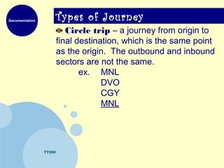 Documentation
TTOM
Types of Journey
Circle trip – a journey from origin to
final destination, which is the same point
as the origin. The outbound and inbound
sectors are not the same.
ex. MNL
DVO
CGY
MNL
 