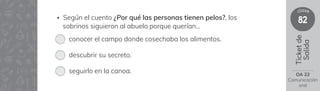 82
clase
Ticket
de
Salida
• Según el cuento ¿Por qué las personas tienen pelos?, los
sobrinos siguieron al abuelo porque querían…
conocer el campo donde cosechaba los alimentos.
descubrir su secreto.
seguirlo en la canoa. OA 22
Comunicación
oral
 
