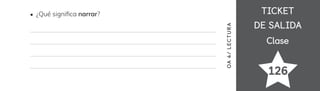 TICKET
TICKET
DE SALIDA
DE SALIDA
Clase
Clase
126
OA
4/
LECTUR
A
¿Qué signi昀椀ca narrar?
 