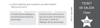 TICKET
TICKET
DE SALIDA
DE SALIDA
Clase
Clase
131
OA
3
/
LECTUR
A
¿Cómo sabemos qué sucede en una obra teatral?
Marca con una X.
A través de los diálogos o
conversaciones entre los
personajes
Gracias a las instrucciones
que da el autor al comienzo
de la obra o entre los
diálogos de los personajes.
 