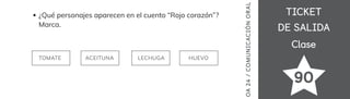 TICKET
TICKET
DE SALIDA
DE SALIDA
Clase
Clase
¿Qué personajes aparecen en el cuento “Rojo corazón”?
Marca.
TOMATE ACEITUNA LECHUGA HUEVO
OA
24
/
COMUNICACIÓN
ORAL
90
 