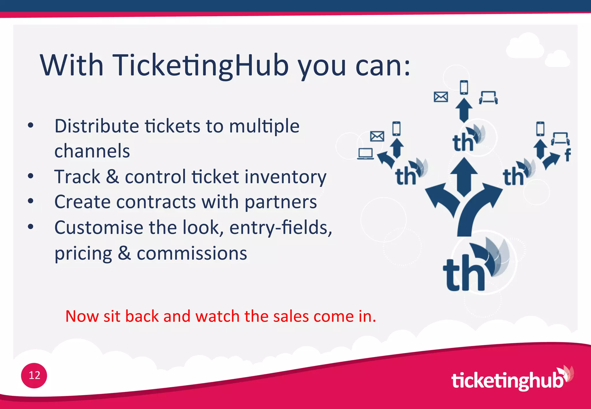 With  Ticke9ngHub  you  can:
•  Distribute  9ckets  to  mul9ple  
   channels
•  Track  &  control  9cket  inventory
•  Create  contracts  with  partners
•  Customise  the  look,  entry-­‐ﬁelds,  
   pricing  &  commissions

      Now  sit  back  and  watch  the  sales  come  in.


12
 