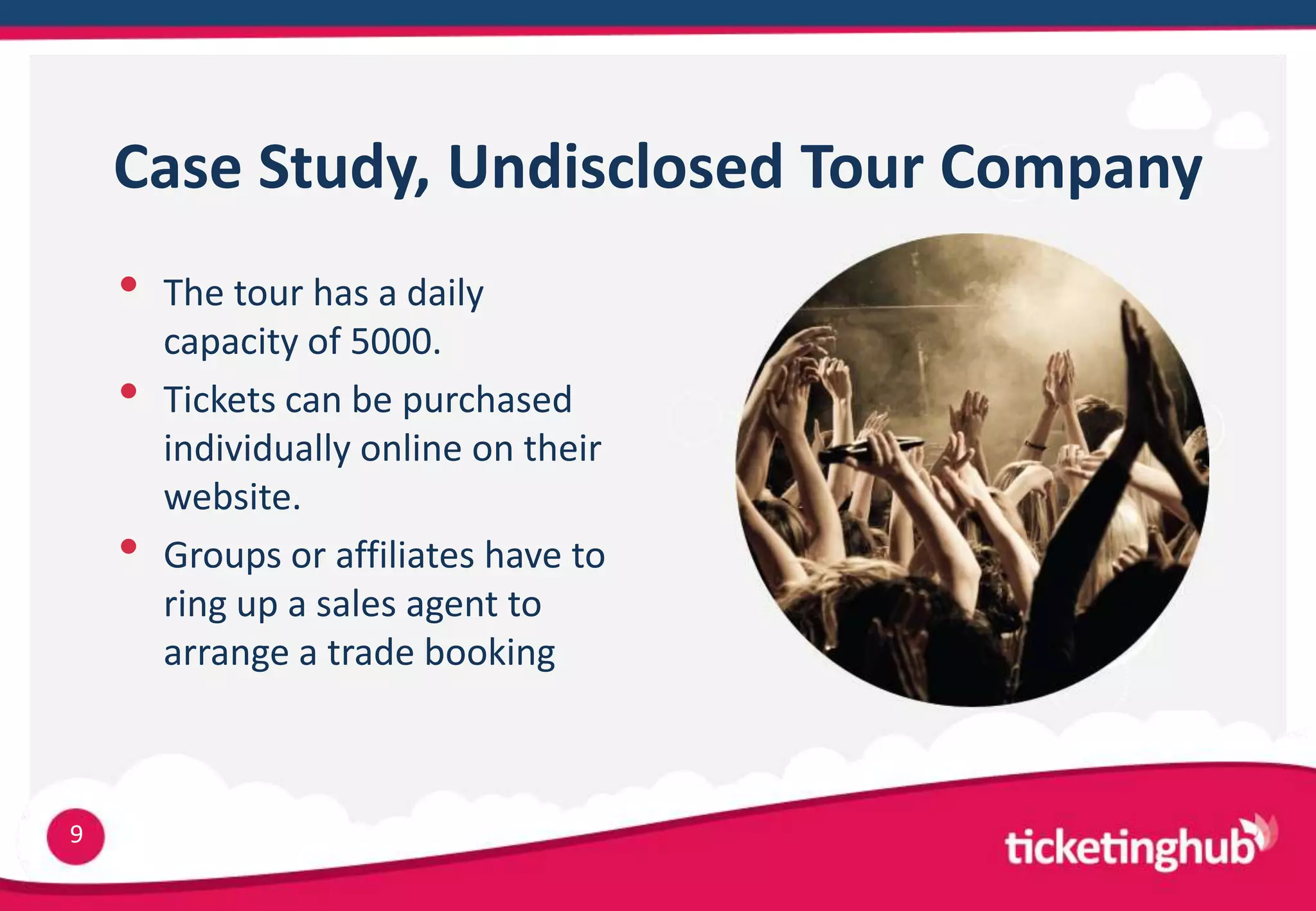 Case Study, Undisclosed Tour Company
    •   The tour has a daily
        capacity of 5000.
    •   Tickets can be purchased
        individually online on their
        website.
    •   Groups or affiliates have to
        ring up a sales agent to
        arrange a trade booking



9
 