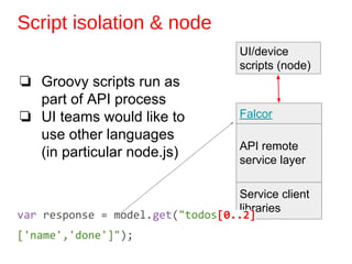 Script isolation & node
❏ Groovy scripts run as
part of API process
❏ UI teams would like to
use other languages
(in particular node.js) API remote
service layer
Service client
libraries
UI/device
scripts (node)
Falcor
var response = model.get("todos[0..2]
['name','done']");
 