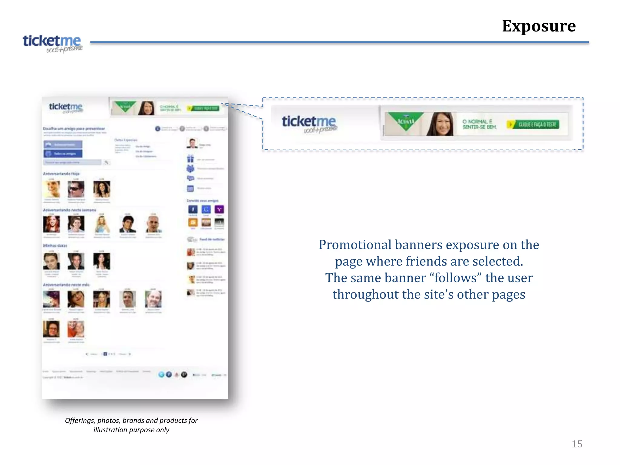 Exposure




                                             Promotional banners exposure on the
                                                page where friends are selected.
                                              The same banner “follows” the user
                                               throughout the site’s other pages




Offerings, photos, brands and products for
         illustration purpose only
                                                                                   15
 