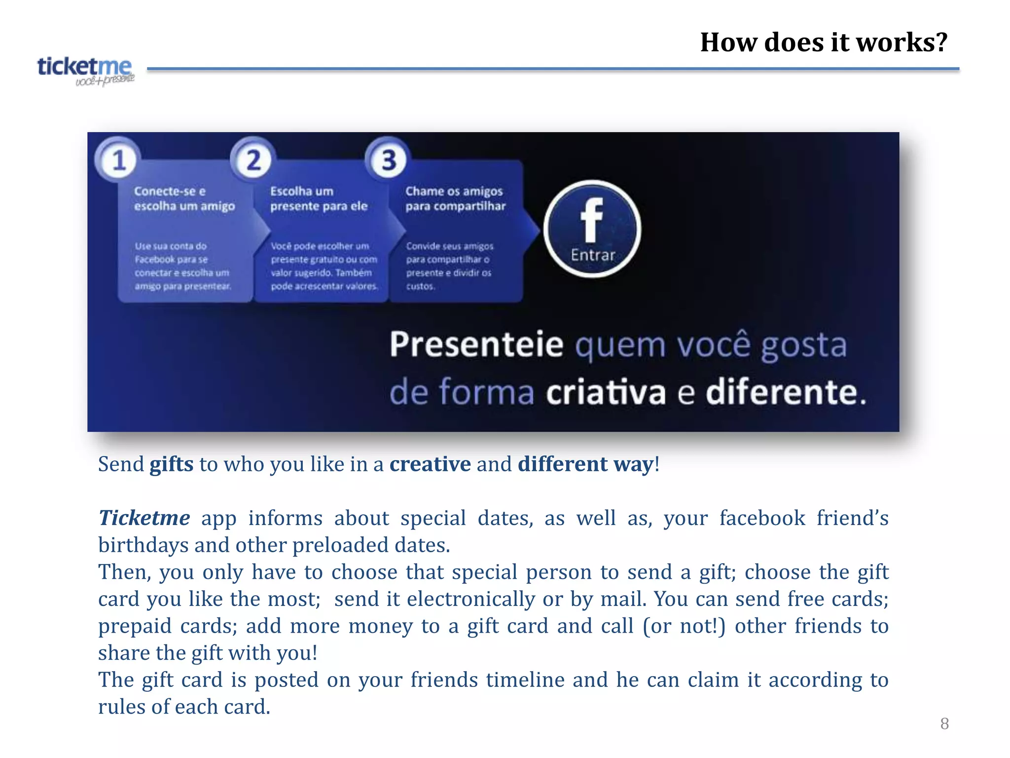 How does it works?




Send gifts to who you like in a creative and different way!

Ticketme app informs about special dates, as well as, your facebook friend’s
birthdays and other preloaded dates.
Then, you only have to choose that special person to send a gift; choose the gift
card you like the most; send it electronically or by mail. You can send free cards;
prepaid cards; add more money to a gift card and call (or not!) other friends to
share the gift with you!
The gift card is posted on your friends timeline and he can claim it according to
rules of each card.
                                                                                      8
 