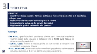 TICKET CESU.3
12
OBIETTIVI
• Incentivare la regolazione formale del lavoro nei servizi domestici e di assistenza
alle persone
• Promuovere la creazione di nuovi posti di lavoro
• Incoraggiare lo sviluppo dei servizi domestici
• Migliorare la qualità dei servizi alla persona
Tipologie
• HR CESU, (pre-finanziato) assistenza diretta per i lavoratori mediante
voucher pagati dalle imprese e detassati fino a 1.830 euro l’anno, di
valore nominale predefinito
• SOCIAL CESU, mezzo di distribuzione di aiuti sociali ai cittadini con
necessità di sostegno e di cura
• CESU BANCARIO, non ha un valore nominale predefinito e deve essere
compilato dal datore di lavoro come un assegno ordinario.
 