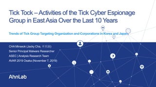 CHA Minseok (Jacky Cha, 車珉錫)
Senior Principal Malware Researcher
ASEC | Analysis Research Team
AVAR 2019 Osaka (November 7, 2019)
 